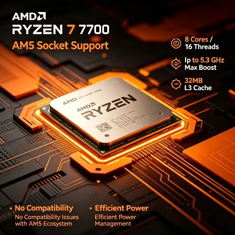 AMD Ryzen7 7700 Desktop CPU Zen4 5nm 8 Core 16 Thread 5.3GHz 32MB Cache AM5 65W Integrated Radeon Graphics EXPO Gaming Processor Aurexia off
