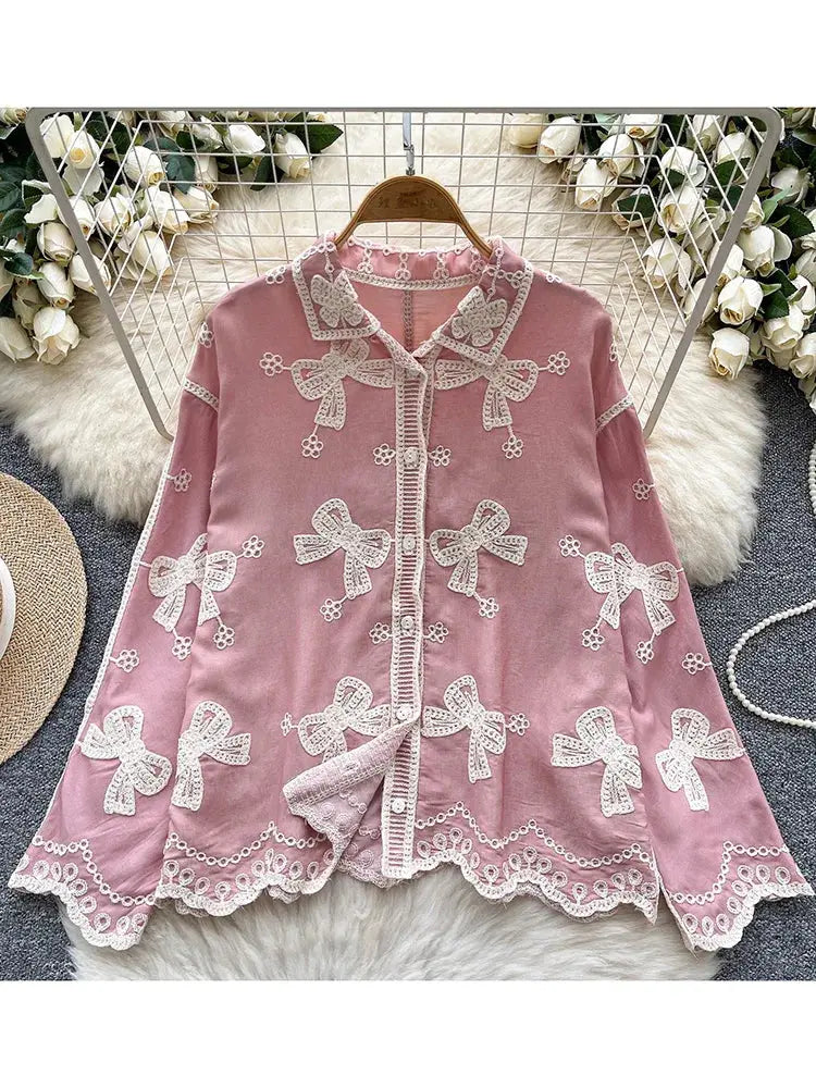 Women Spring Shirt Small Niche Retro Embroidered Single Breasted Casual Top Loose Fashionable Long Sleeved Shirt BL121 Aurexia off