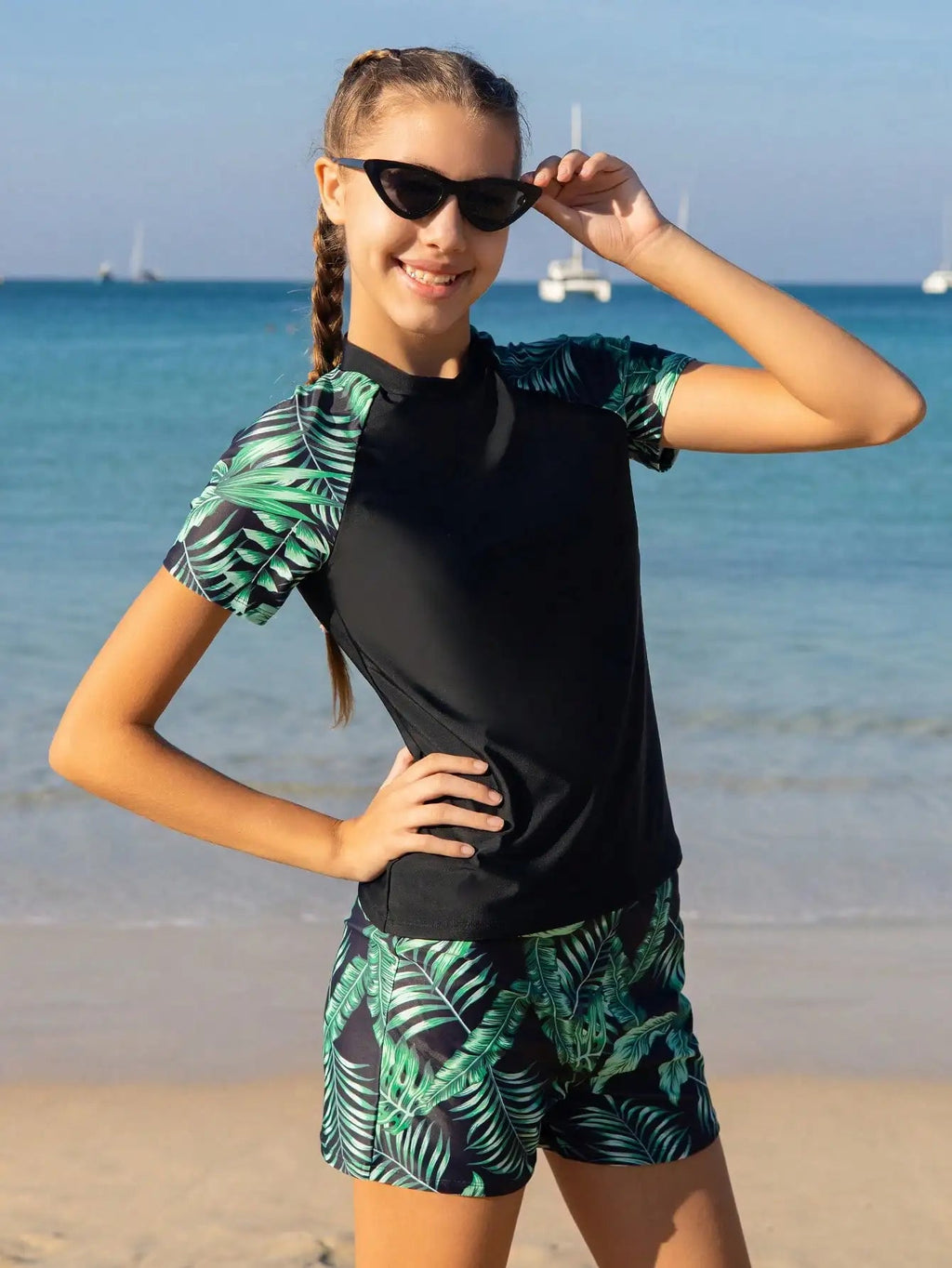 Women's Rash Guard Swimsuit Set With Tropical Leaf Print Blue Black Short Sleeve Top And Shorts Aurexia off
