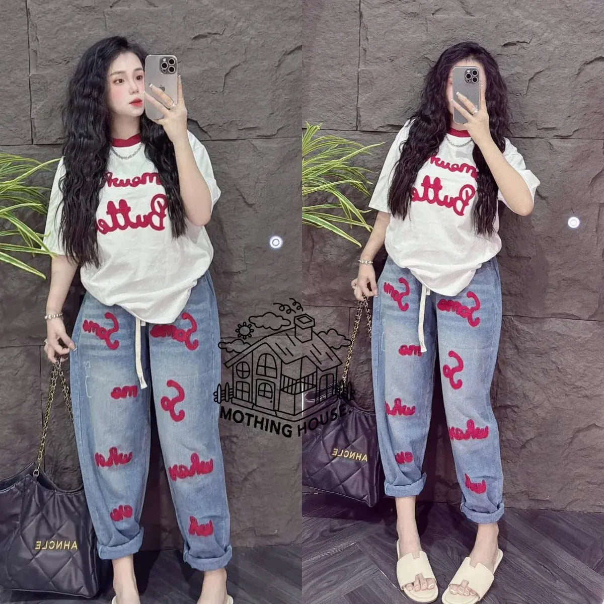 Retro Fashion Suit Women's Summer New Letter Printing Short-sleeved Milk Silk Wide-leg Pants Two-piece Set Aurexia off