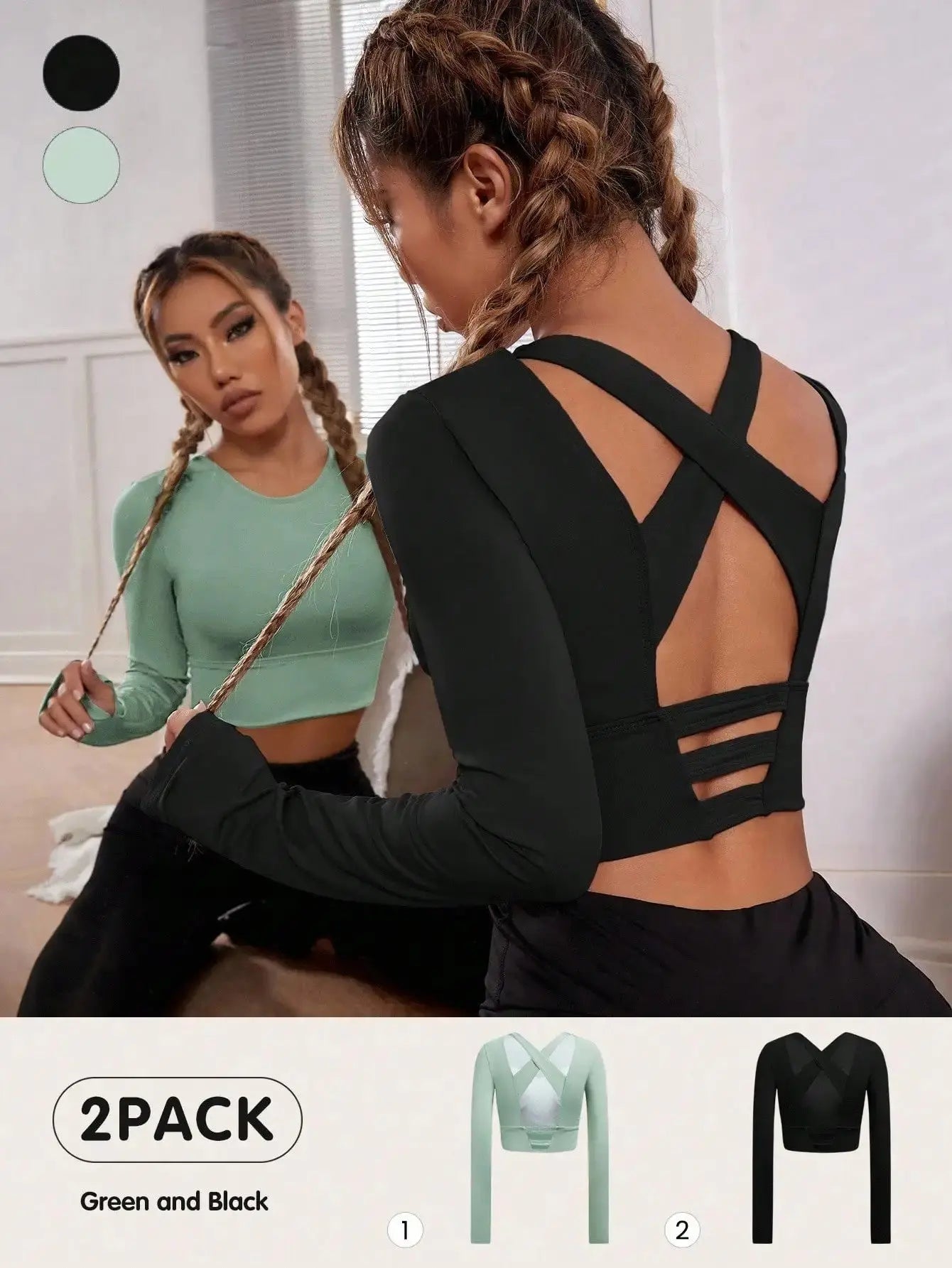 Women Solid Color Crisscross Backless Long Sleeve Cropped Sports Top 2 Pack Aurexia off