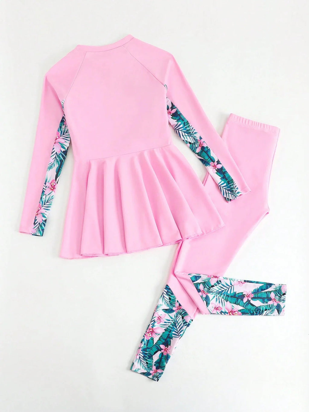 Pink Tropical Print Patchwork Rash Guard Set For Women Beach Vacation Swimwear Aurexia off