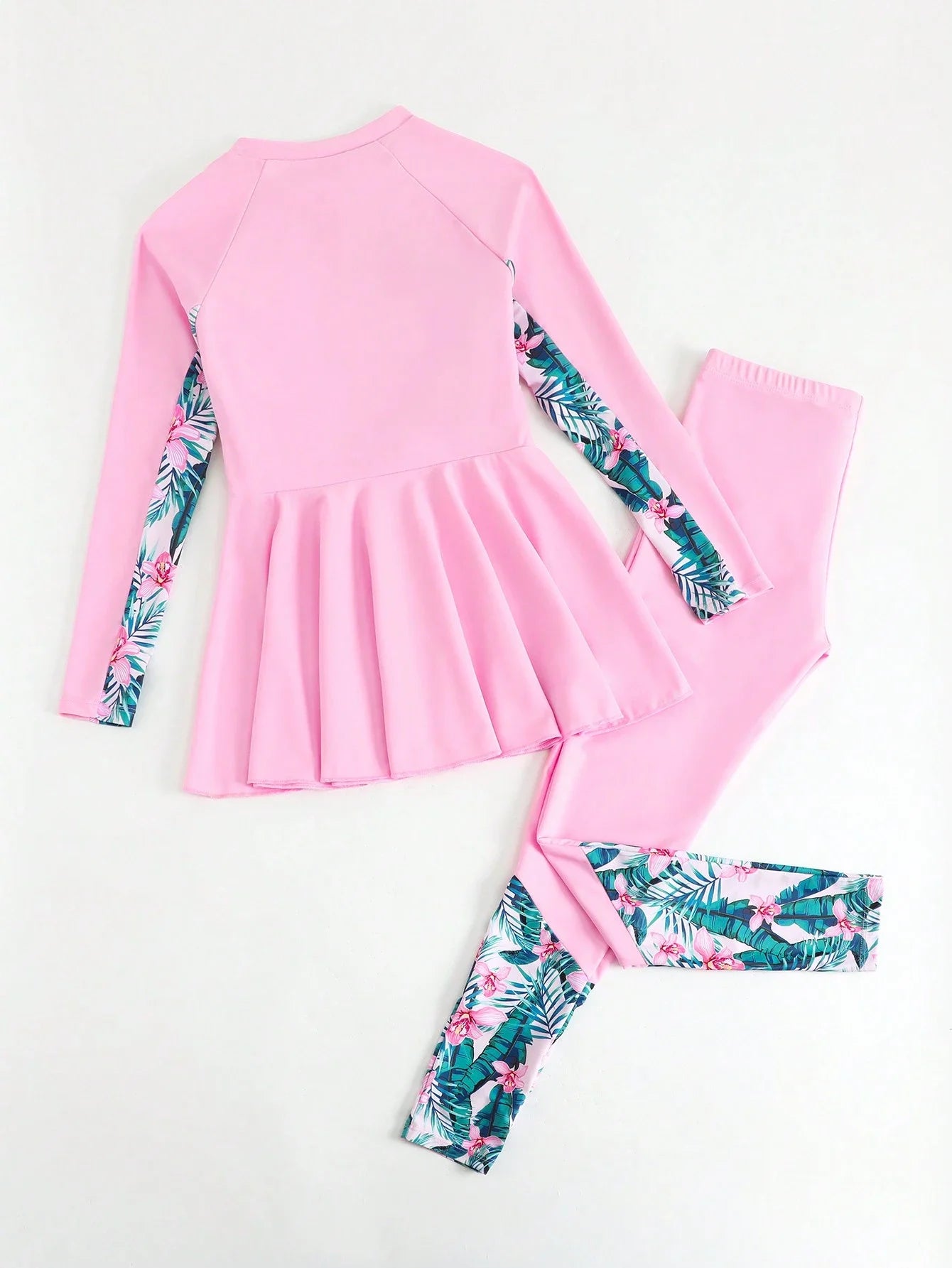 Pink Tropical Print Patchwork Rash Guard Set For Women Beach Vacation Swimwear Aurexia off