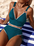 Women's Black High Waist Bikini Set With Contrast Crochet Trim And Metal Ring Aurexia off