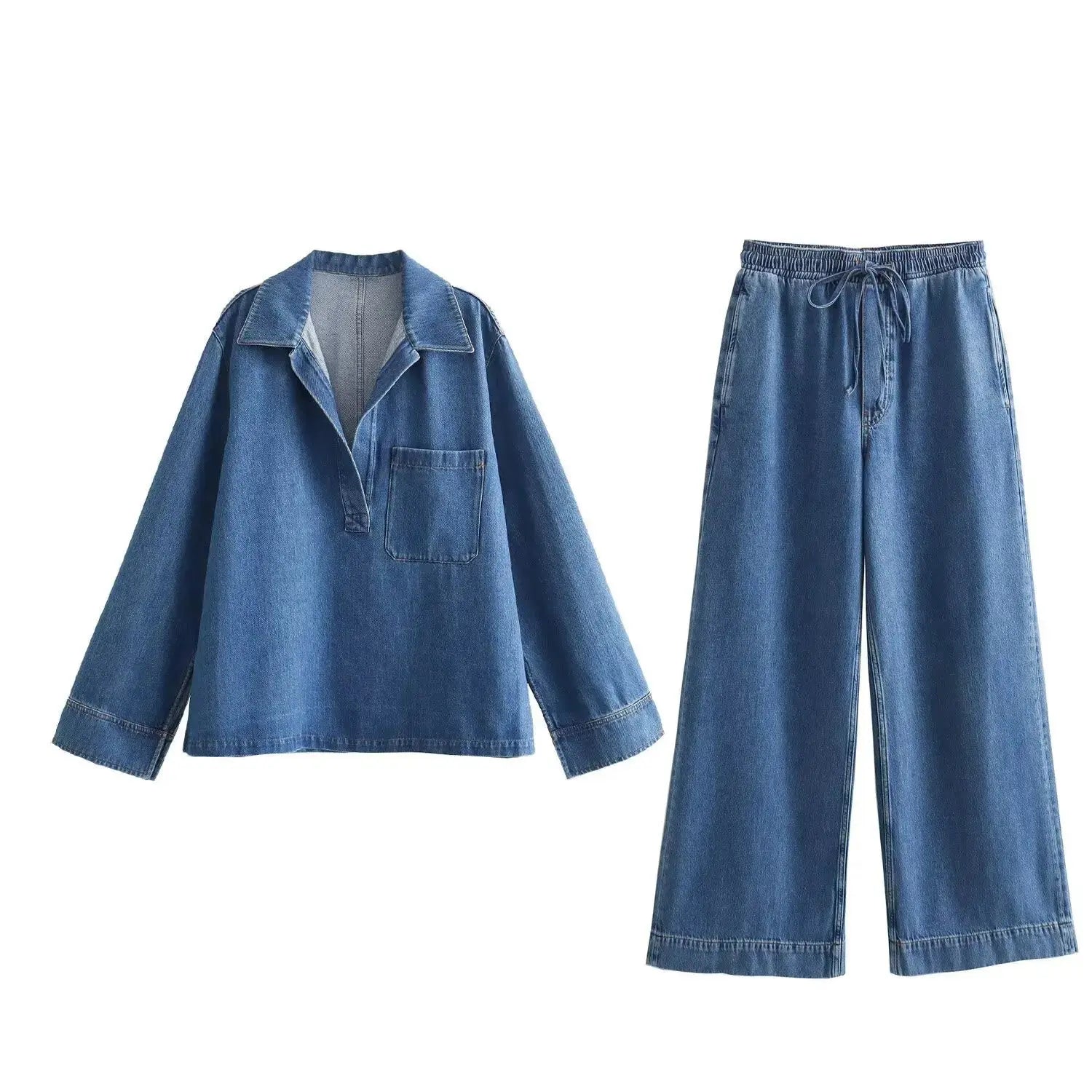 Pullover Collar Pocket Shirt Denim Set Drawstring Casual Pants Jeans Set Light Soft Jean Outfit Women Relaxed Fit Denim Outfit Aurexia off