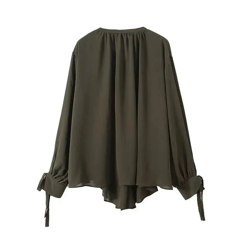 2025 French Style Women's Shirts Dark Green Loose Long Sleeve Top with Bow Tie Autumn Tops Aurexia off