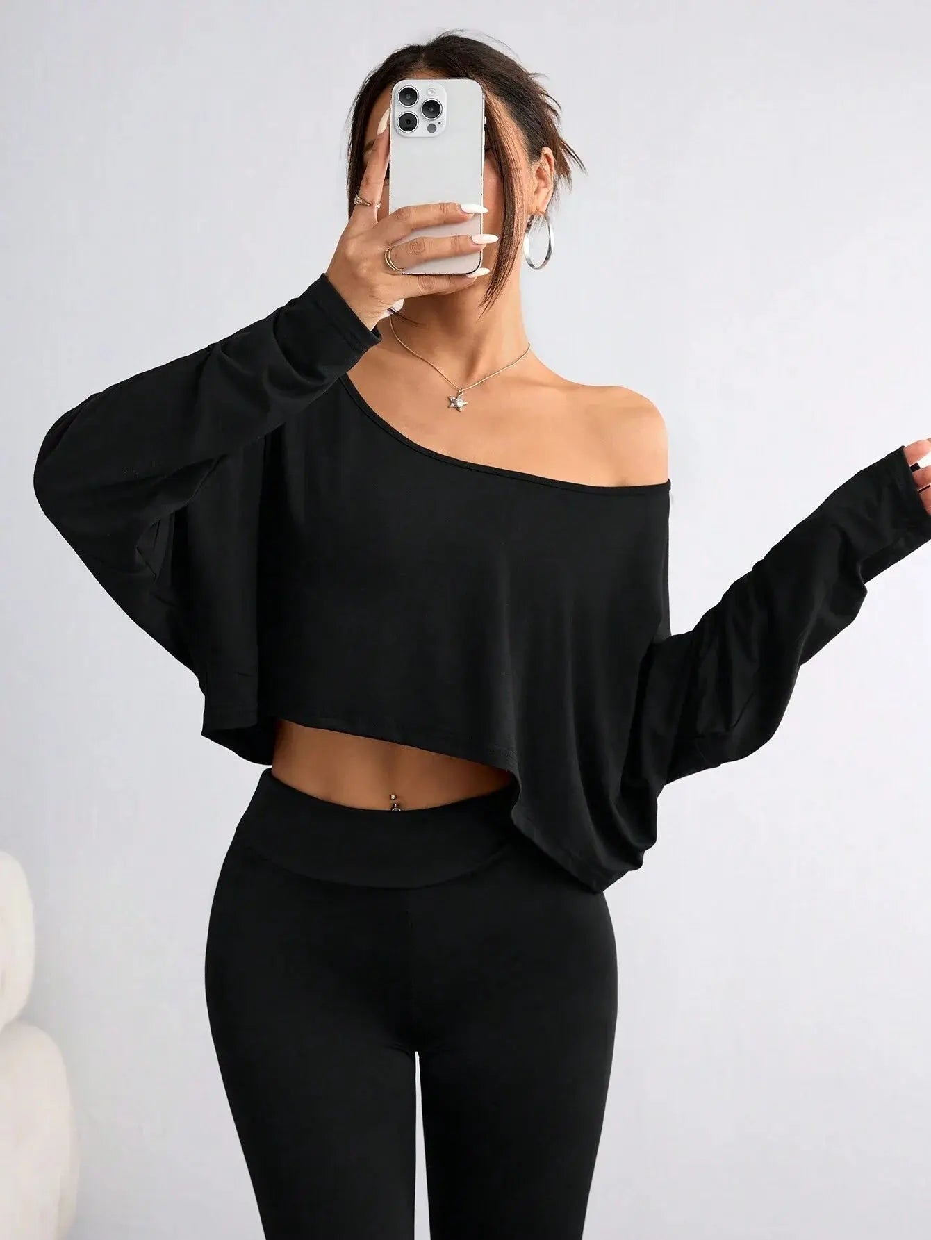 Women Casual Solid Batwing Cropped Off Shoulder T-Shirt Spring Autumn Aurexia off
