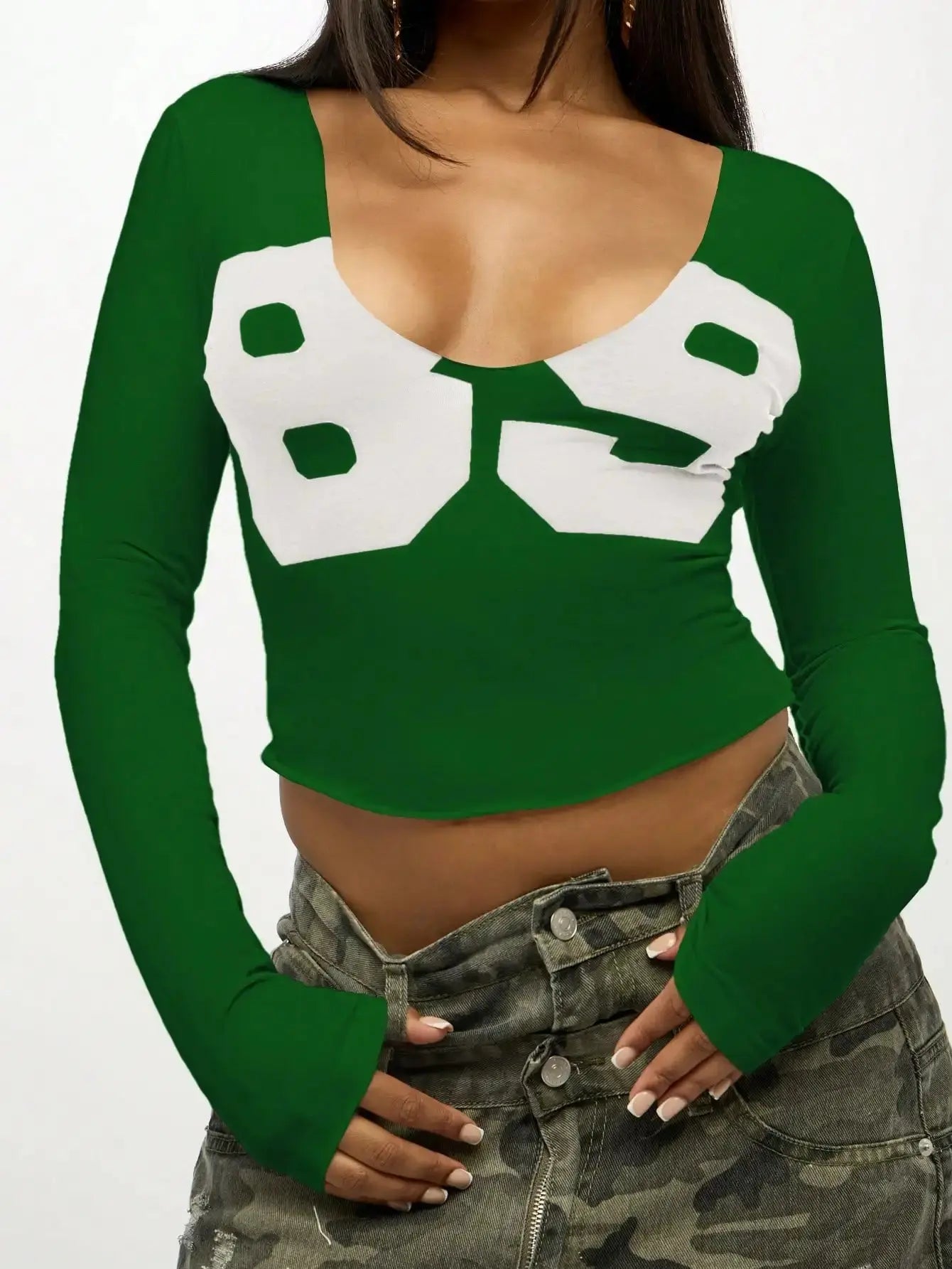 Women Long Sleeve Crop Top Graphic Print V Neck Fitted Cotton Casual Tee Aurexia off