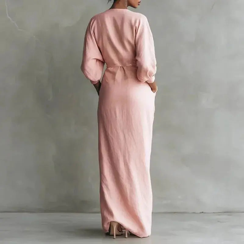 Women's Sexy V Neck Wrap Waist Long Dresses 2026 Spring Casual Solid Slim Bodycon Hips Dress Elegant Long Sleeve Slit Maxi Dress Aurexia off