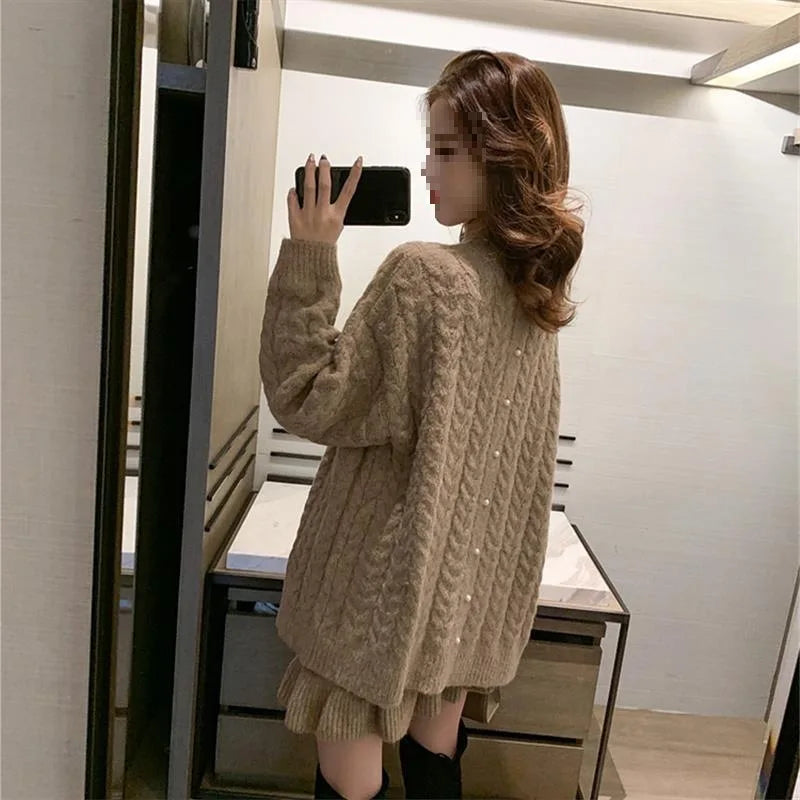 PremiumKoreanWinterStyle Set Thick Textured Knit Set Cozy Oversized Pullover Set Fashionable Pleated MiniSkirt Outfit Aurexia off