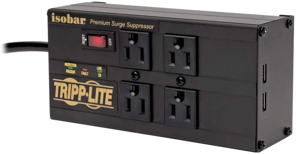 Isobar 4 Outlet Surge Protector Power Strip with 2 USB Charging Ports, 8Ft Long Cord, Right-Angle Plug, Metal, 3330 Joules, Lifetime Limited Warranty & $50K Insurance (IBAR4ULTRAUSBB)
