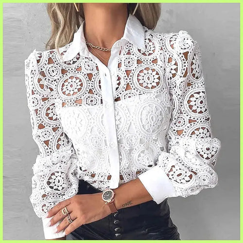 2025 Women's White Lace Shirt, Elegant Hollow Out Vintage Top Long Sleeve Blouse Aurexia off