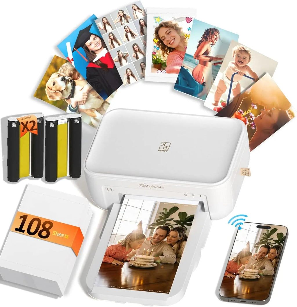 4x6 Photo Printer with Wi-Fi, Full-Color Thermal Dye Sublimation, Portable for iPhone/Android, AR Video App, Home Use in White Aurexia off