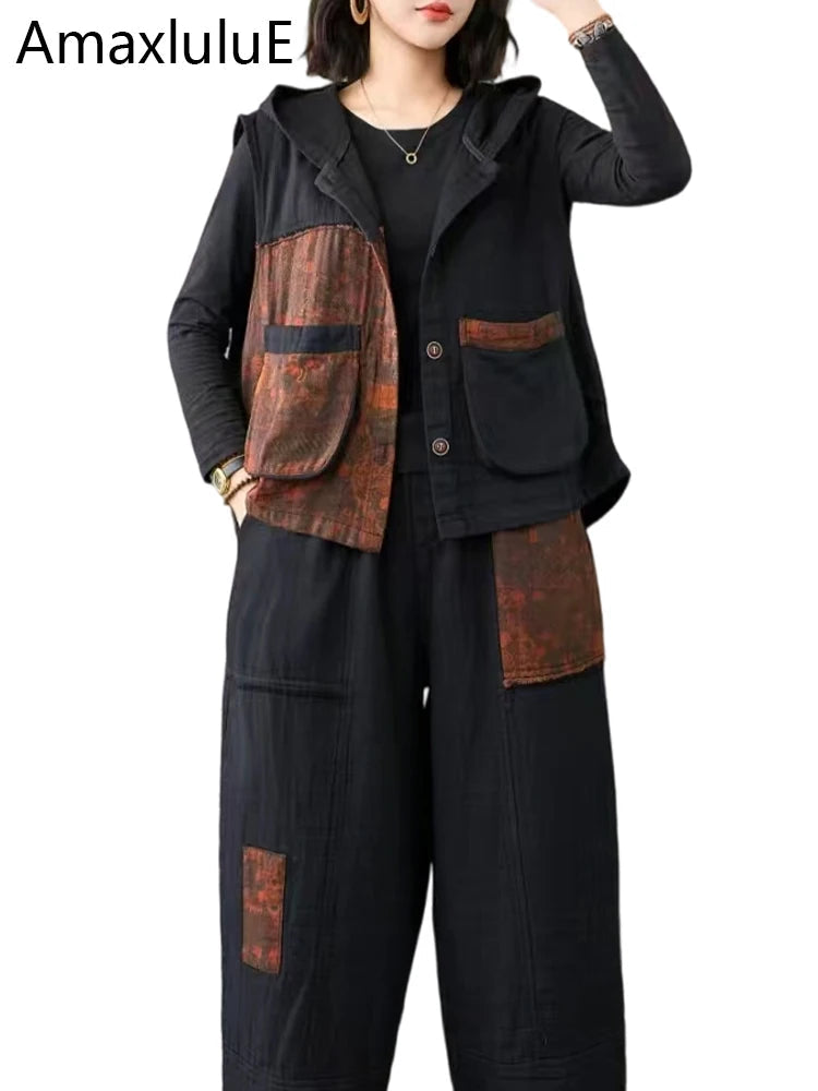 Amax LuluE Womens Hooded Denim 2 Pieces Sets Fashion Vest Suits Punk Sleeveless Coats Loose Pants Classic Jeans Printed Outfits Aurexia off