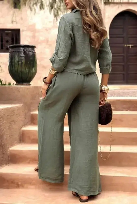 2026 Women's Solid Color Long-Sleeved Pocket Button Top and Wide-Leg Pants 2-Piece Set Aurexia off