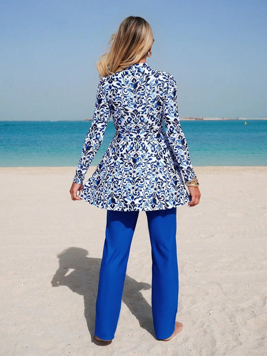 Elegant Blue And White Chinoiserie Print Peplum Jacket With Wide Leg Pants Two Piece Set For Beach Summer Holiday Aurexia off