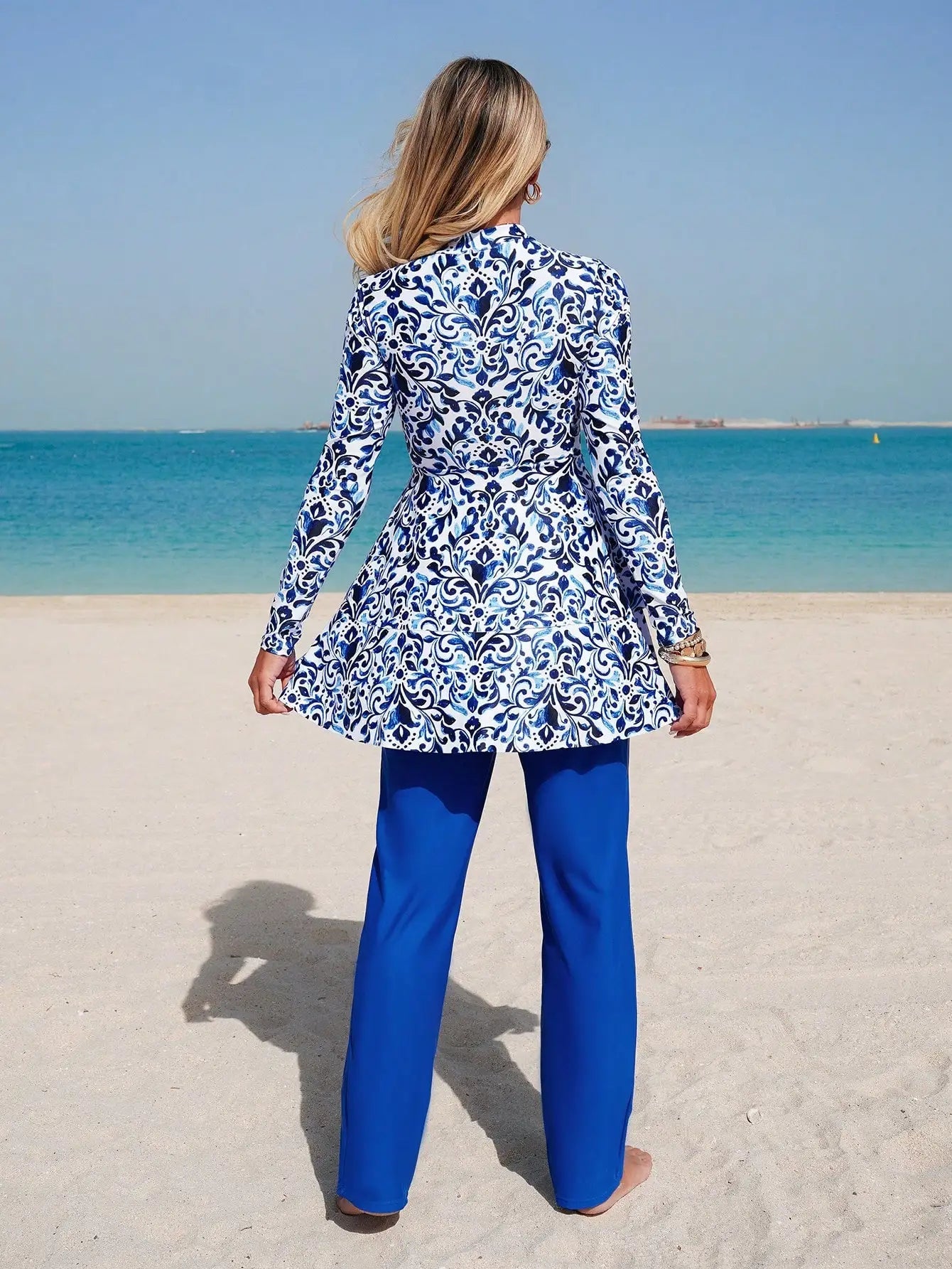 Elegant Blue And White Chinoiserie Print Peplum Jacket With Wide Leg Pants Two Piece Set For Beach Summer Holiday Aurexia off
