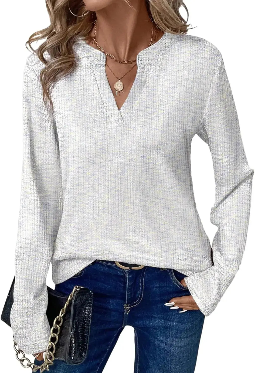 New Womens Notched V-Neck Long Sleeve Space Dye Waffle Knit Blouse Casual Loose Fit Top for Daily Wear Aurexia off