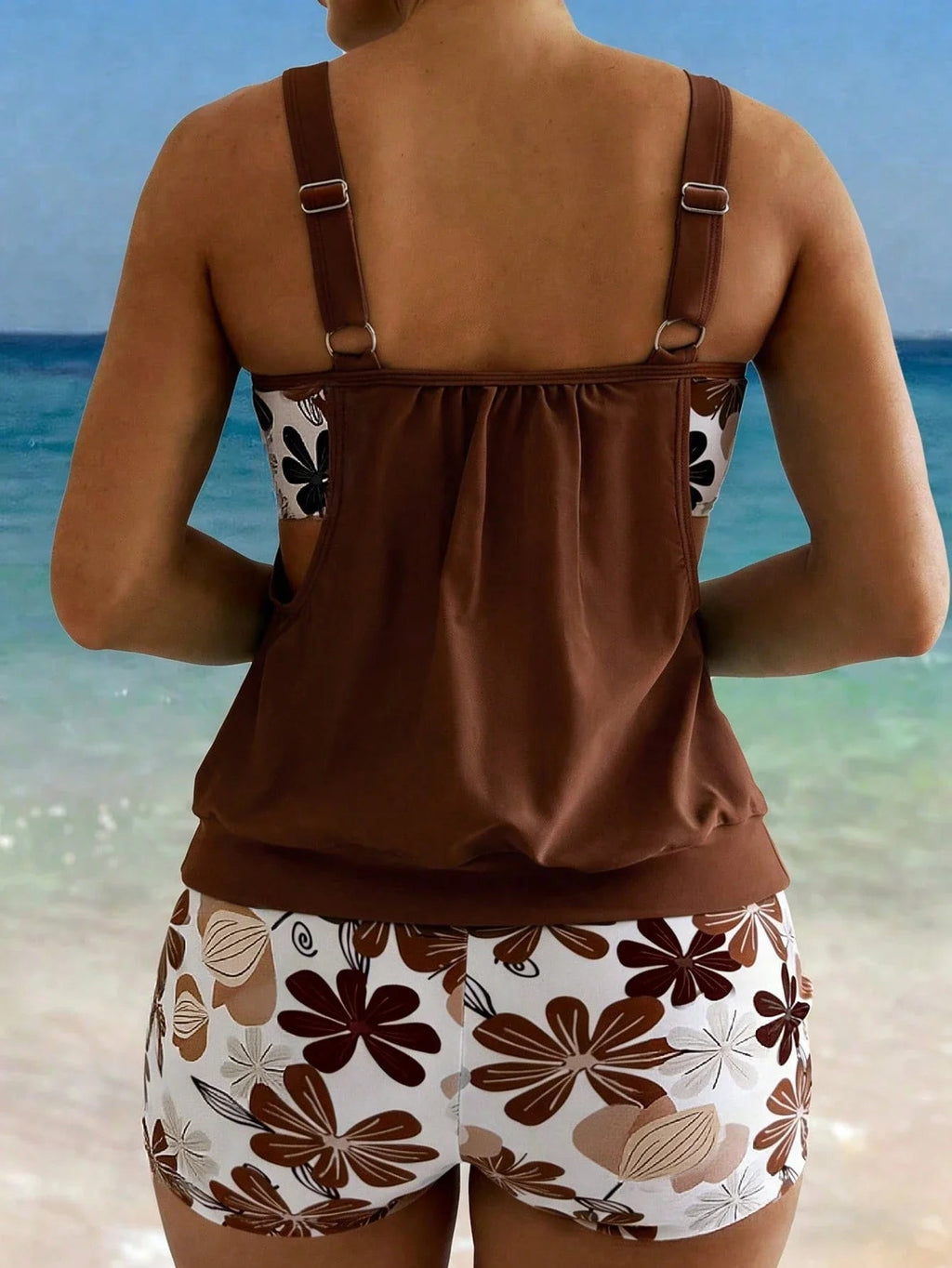 Brown Floral Print 2 Piece Spaghetti Strap Bikini Set For Beach Vacation Aurexia off