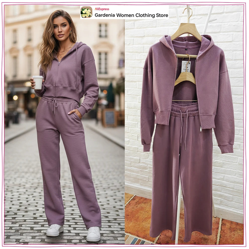 Spring & Autumn Matching Sets for Women Relaxtion Cotton Hoodies Set Cropped Zipper Hoodie + Tonal Straight Leg Drawstring Pants Aurexia off