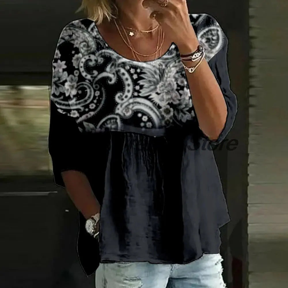 Women's Casual Floral Print 3/4 Sleeve Blouse Loose Fit Crew Neck Tunic Tops Lady's Top Shirts Aurexia off