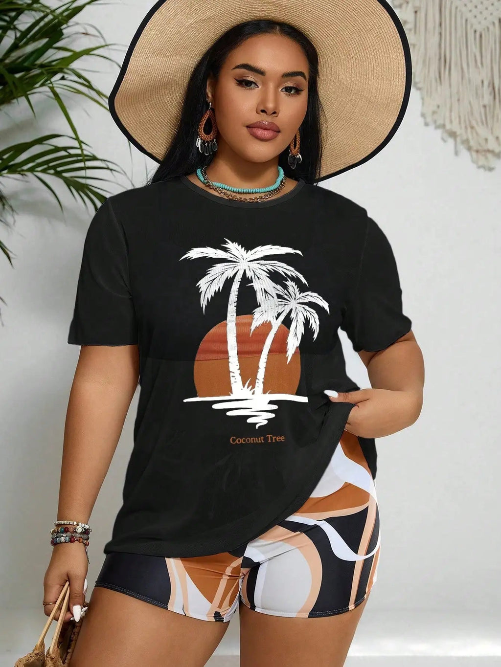 Plus Size Women Summer Beach Wireless Tankini Set With Palm Tree Printed Cover Up Aurexia off