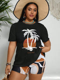 Plus Size Women Summer Beach Wireless Tankini Set With Palm Tree Printed Cover Up Aurexia off
