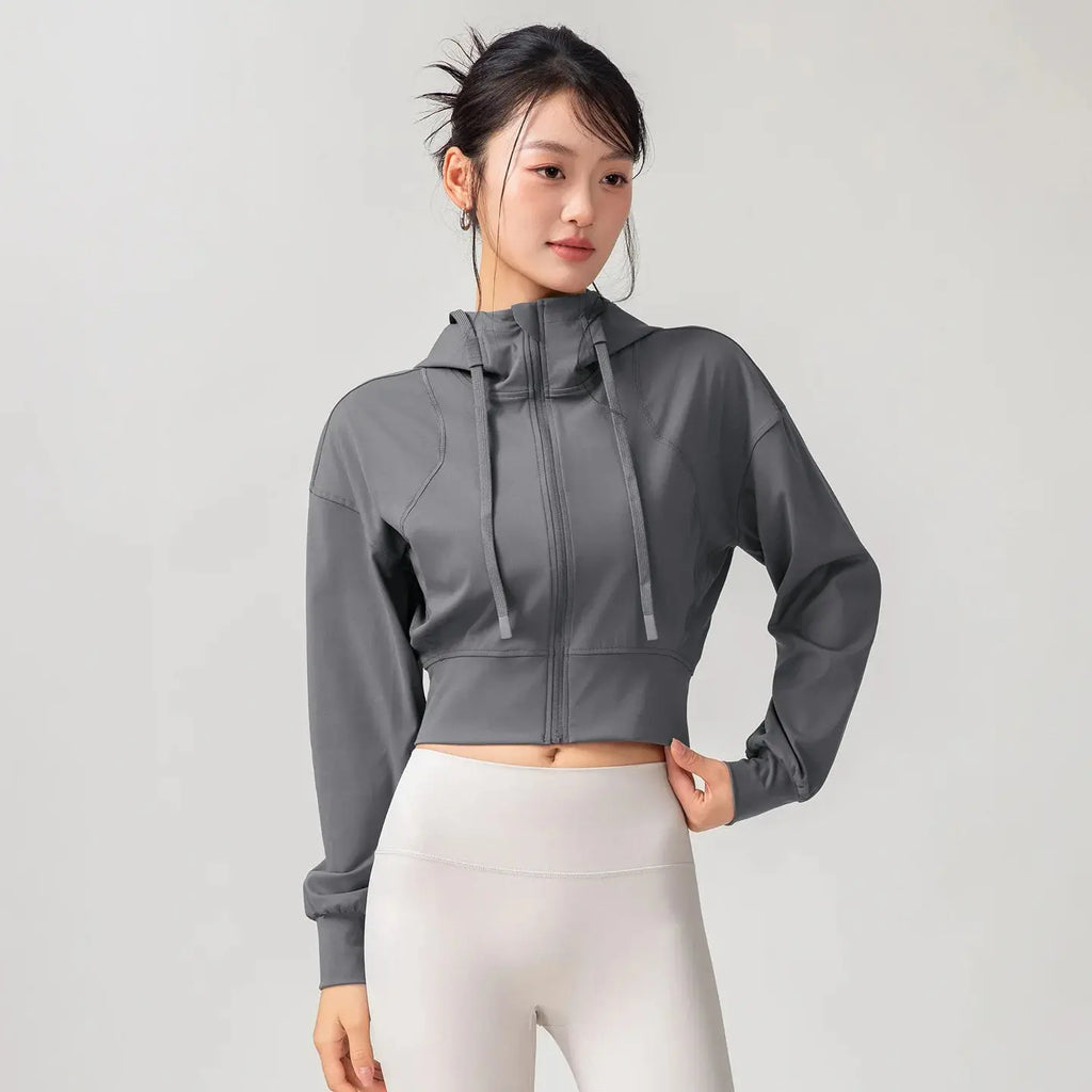 Women's Solid Color Casual Stand Collar Hooded Sports Yoga Top Leisure Simple Slim Long Sleeves Zipper Short Top Aurexia off