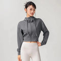 Women's Solid Color Casual Stand Collar Hooded Sports Yoga Top Leisure Simple Slim Long Sleeves Zipper Short Top Aurexia off