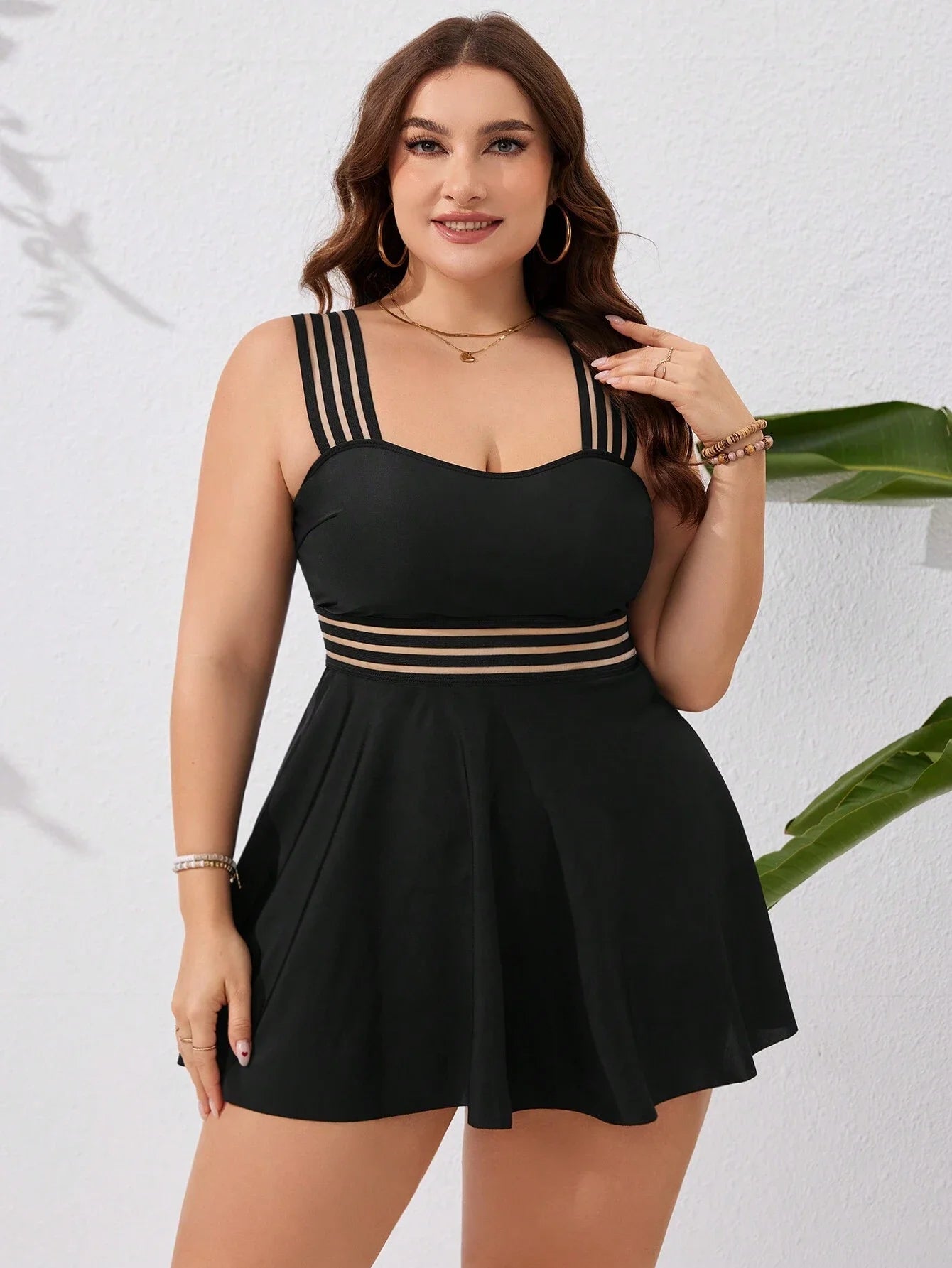 Black Plus Size Flirty Skirted Swimsuit Featuring Sheer Horizontal Stripes For Summer Beach Getaway Aurexia off