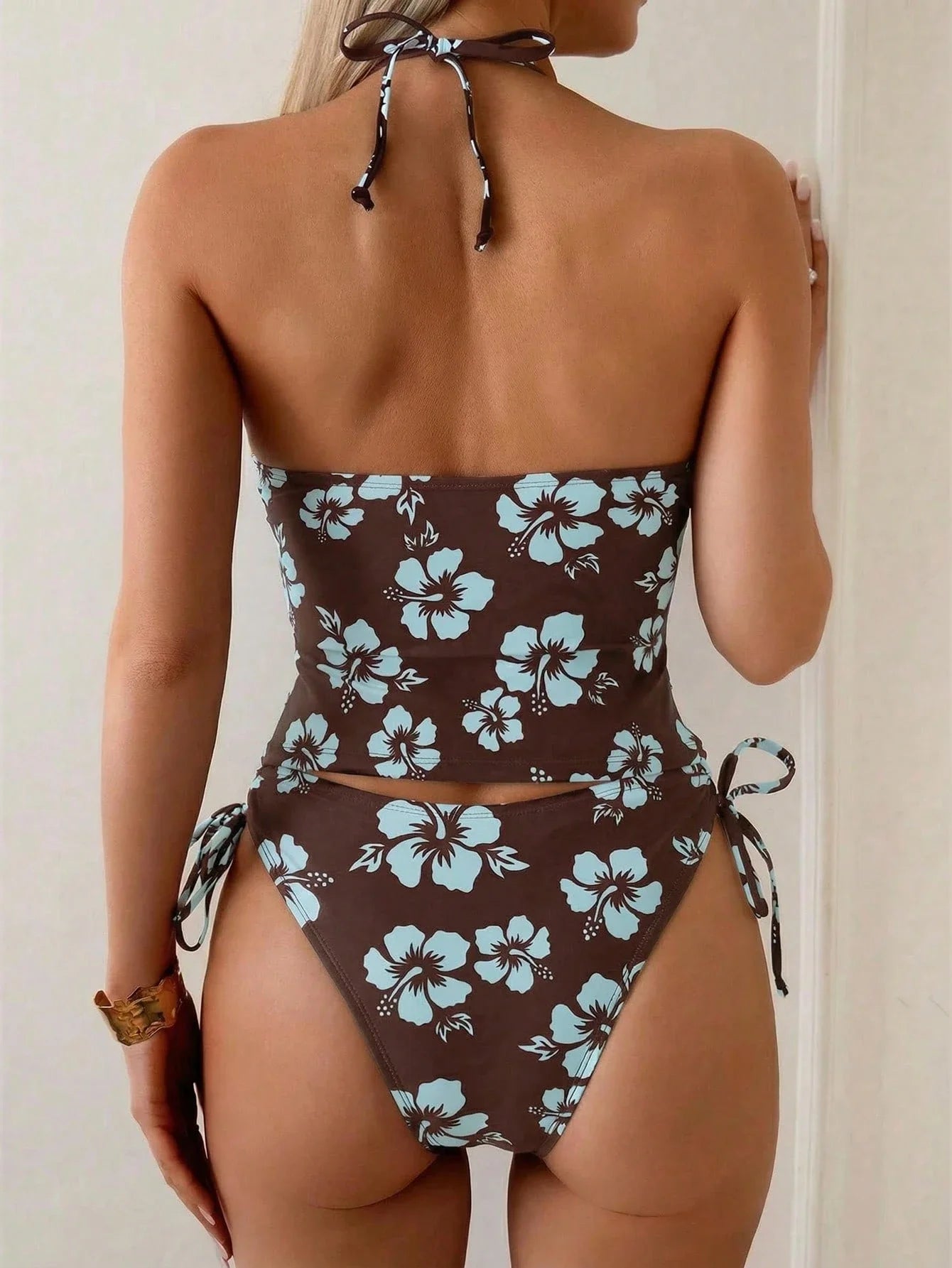Women's Tropical Floral Two Piece Bikini Set Halter Deep V Neck Beach Swimwear Aurexia off