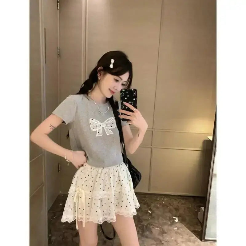 Womens Suit Fashion 2 Piece Set Short Sleeve T Shirt And High Waist Cake Skirt Lace Polka Dot Women Summer Bow Grey Casual Sweet Aurexia off