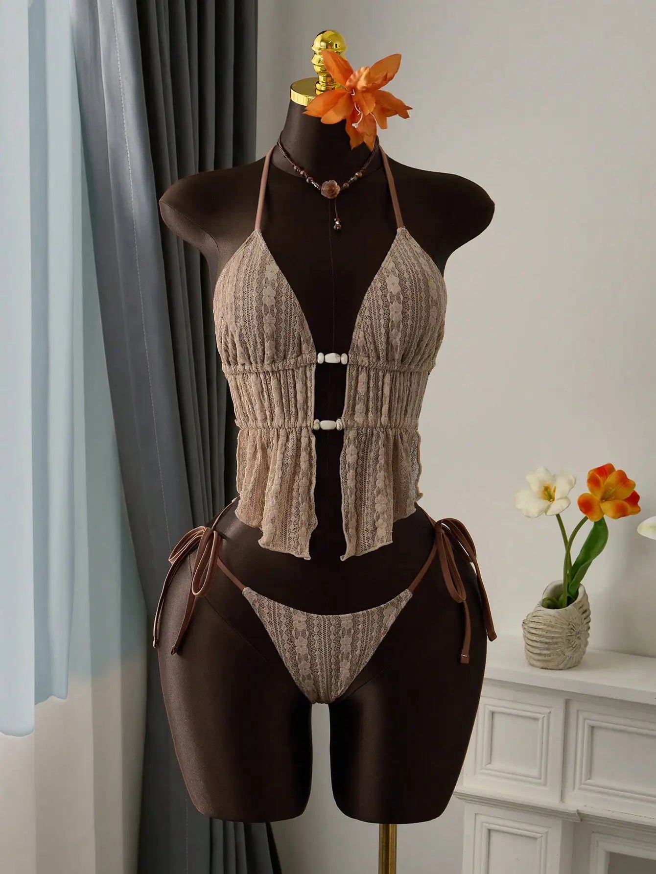 Cream Lace Halter Neck Tankini Set With Beaded Detail And Tie Side Bottoms Aurexia off