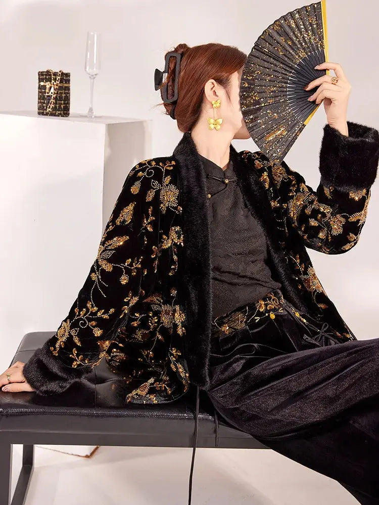 New Chinese Style Winter Women's Clothing, High-end V-neck New Chinese Style Gold Bead Embroidered Cotton Jacket Coat Outerwear Aurexia off