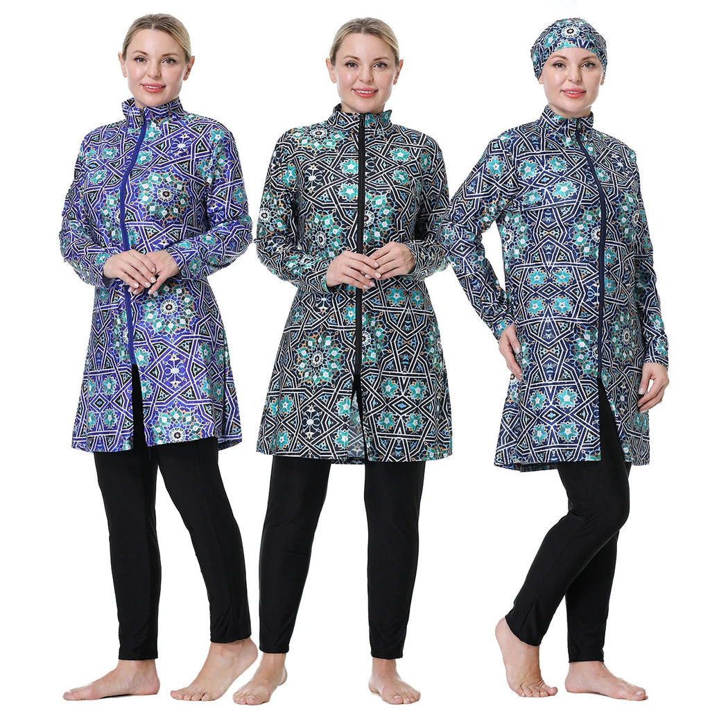 H1024 Muslim Women Fullcoverage  Long Sleeves Cover Up Burkinis Three Pieces Plus Size Printing  Swimwear Suits Aurexia off