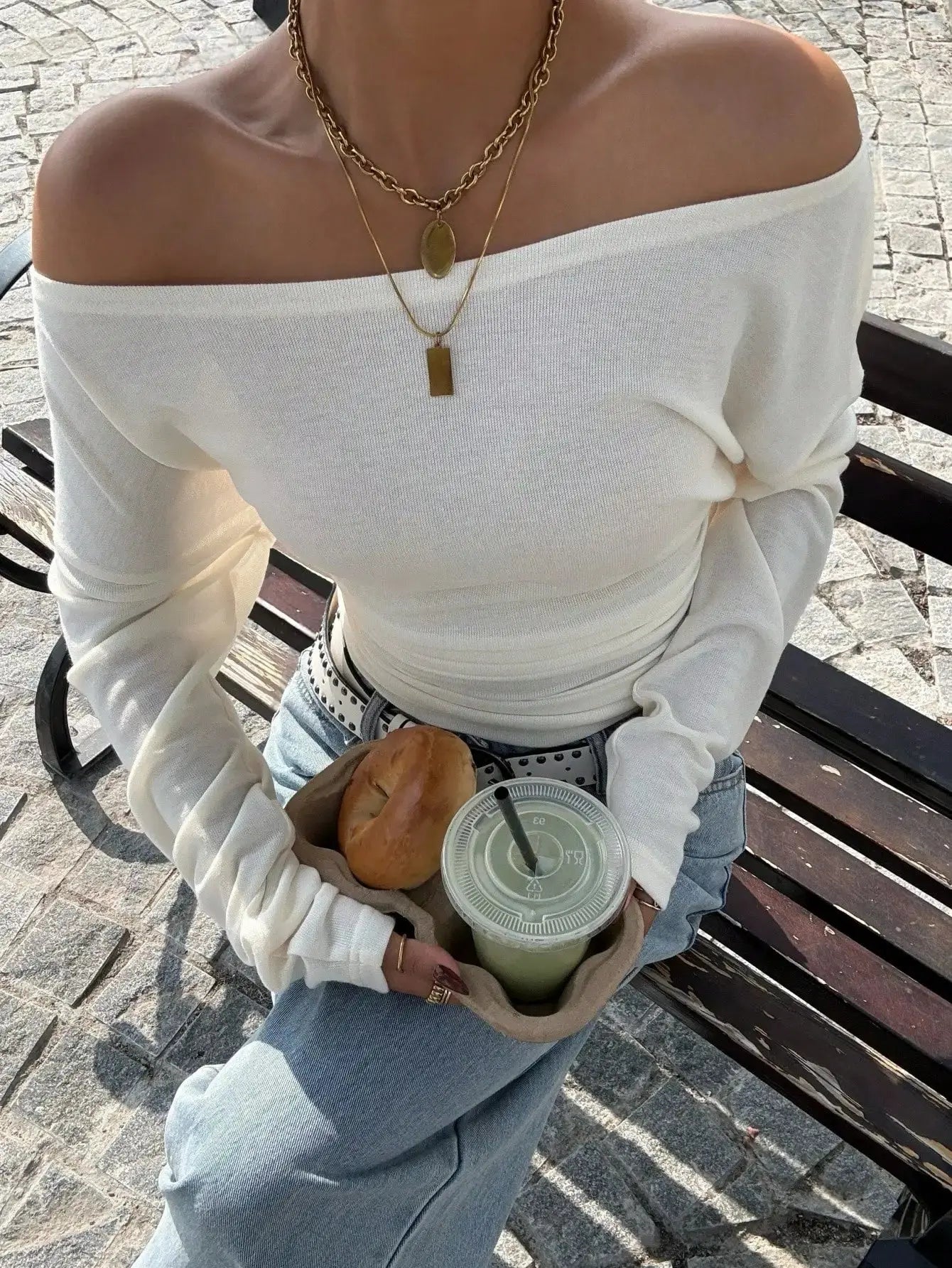 Women Off Shoulder Long Sleeve Knit Top Slim Fit Casual White T-Shirt Aurexia off