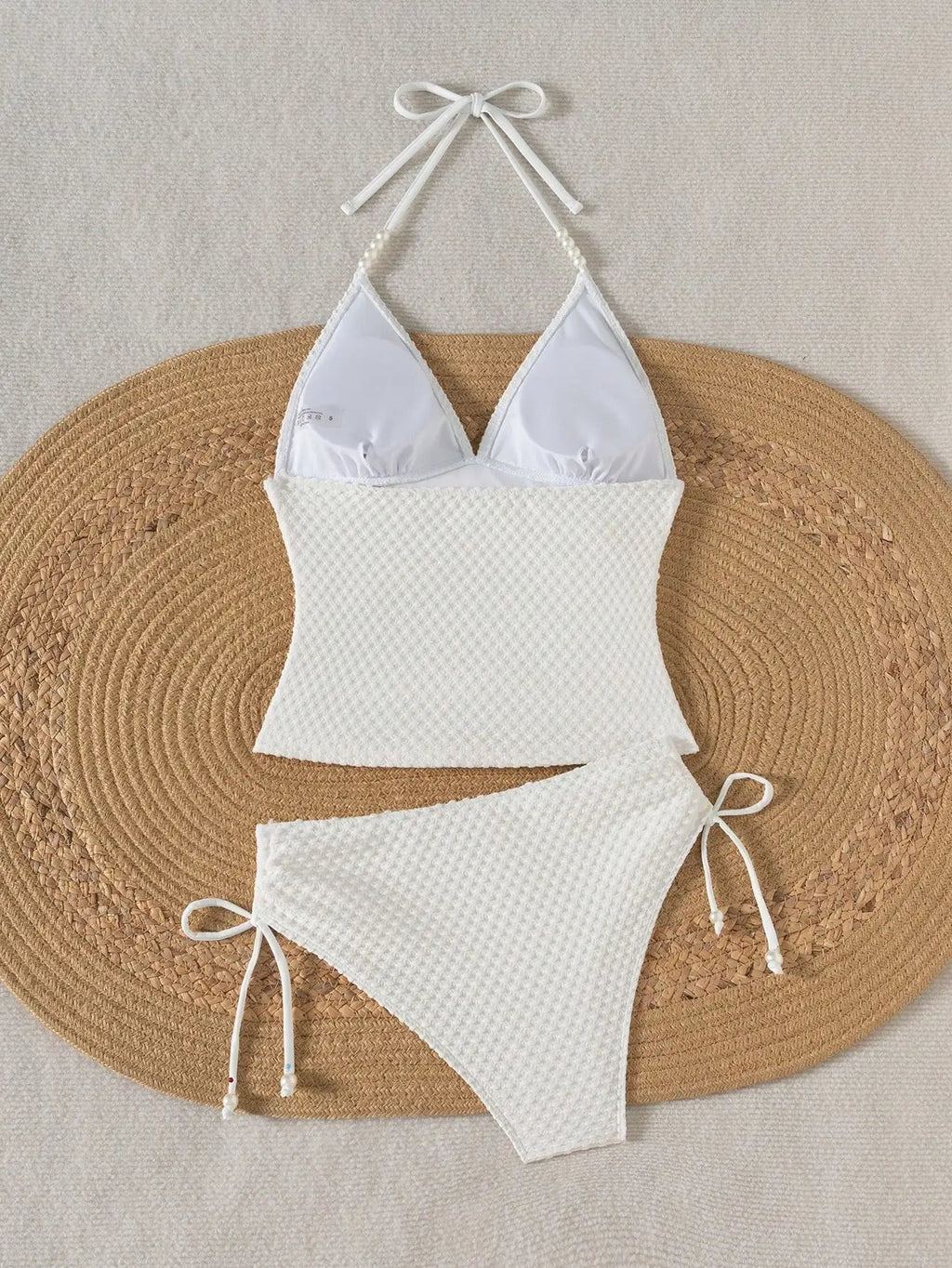 Women White Knitted Jacquard Beaded Drawstring Halter Neck Bikini Set Aurexia off
