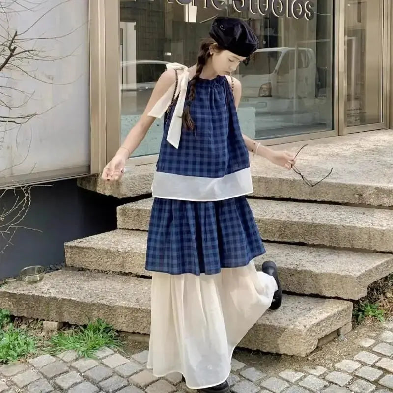 Women's Blue Plaid Two Piece Set Sleeveless Halter Top with Tulle Skirt Casual Loose Summer Outfit Beach Vacation Bohemian Suit Aurexia off