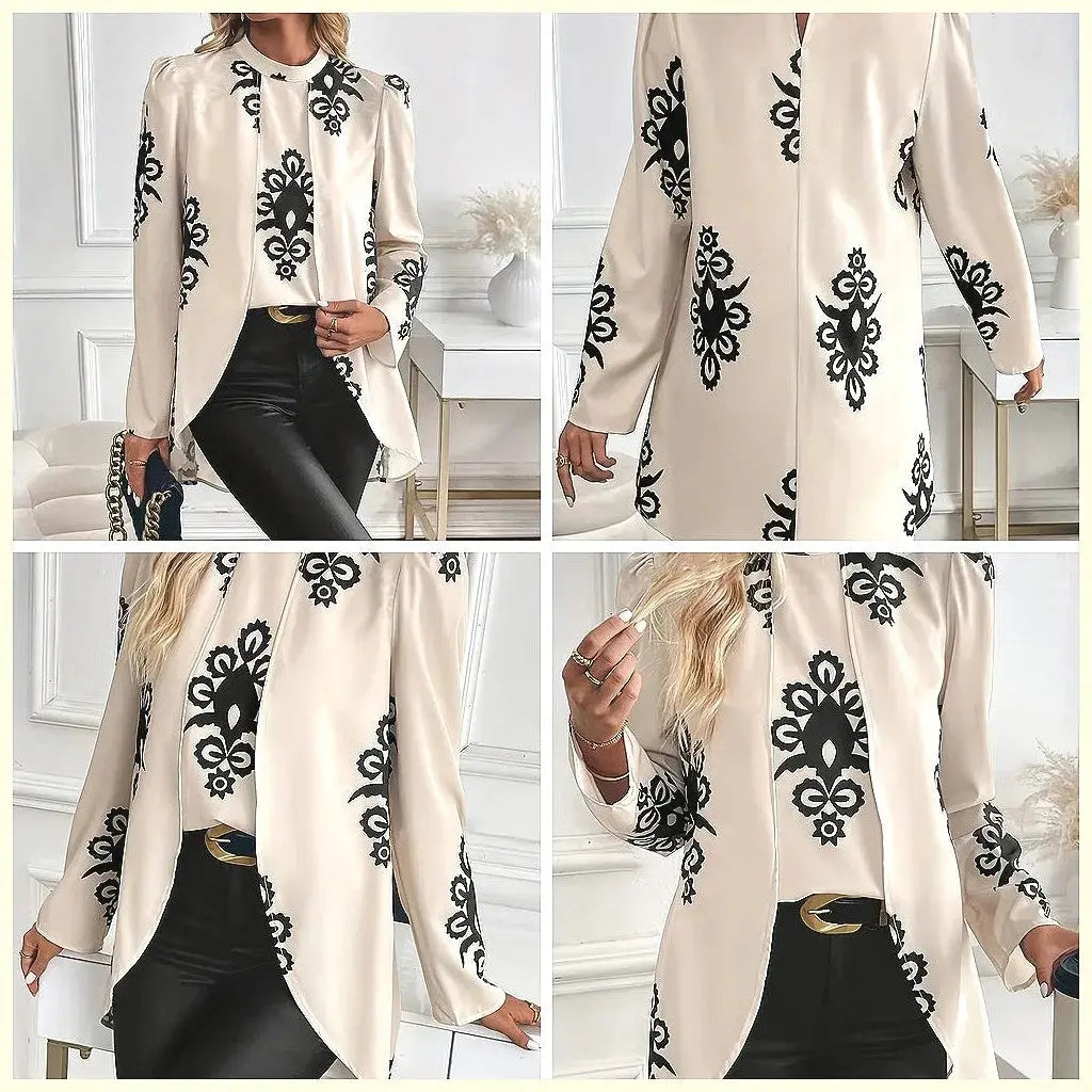2026 Fashion Women's Long Sleeve Print Blouse, Elegant Office Top with Fake Two-Piece Design Aurexia off