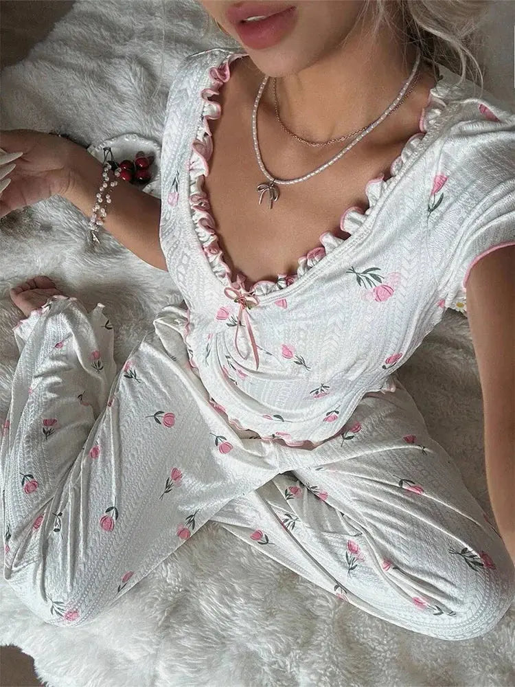 Summer Y2K Sweet Tulip Print Ruffle V Neck Tie Pajama Set Women Short Sleeve Top & Wide Leg Pants Casual Loungewear Sleepwear Aurexia off