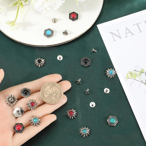 24 Sets 8 Styles Western Screw Back Buttons 13mm Conchos Turquoise Cowboy Vintage Flower Decorative Leather Buckles Natural Aurexia off