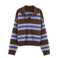 2026 Autumn New Women's Loose Long Sleeve Sweater Solid Color & Bold Stripe Lapel Top Street Fashion Long Sleeve Pullover Aurexia off