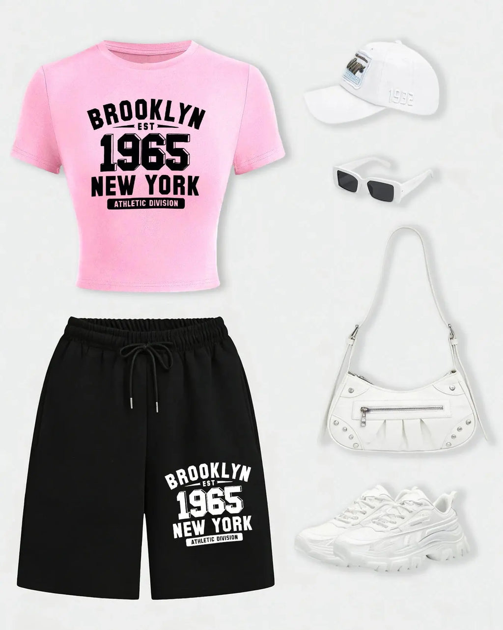 New York City Brooklyn 1965 Print Woman T-Shirt Suits Slim Cotton Crop T Shirt Summer Wide-Leg Shorts Drawstring Pocket Pant Aurexia off