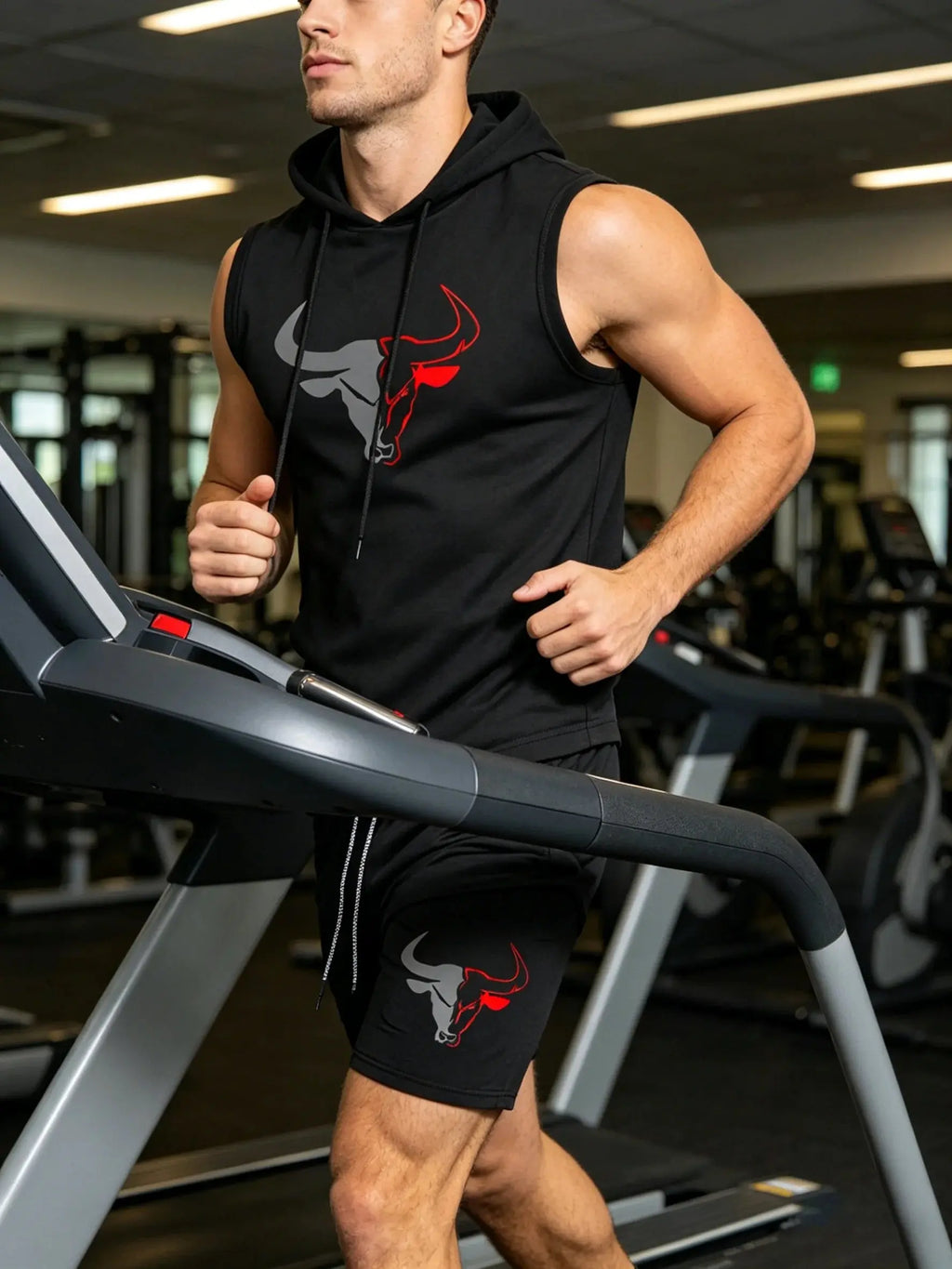 Men's 2 Piece Black Sleeveless Hooded Vest & Shorts Set, Bull Print Gym Tracksuit, Breathable Spring Summer Workout Fitness Wear Aurexia off