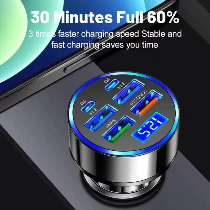 6 in 1 USB C Car Phone Charger Adapter with Voltage Display Dual PD Super Fast for iPhone 15 Pro max OPPO Samsung Huawei Aurexia off