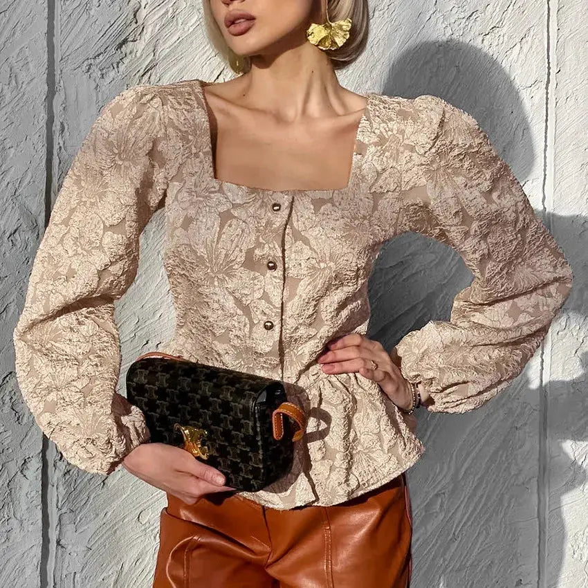 Ladies Elegant Jacquard Square Neck Puff Sleeve Blouse, Button Front Peplum Top for Party, Office and Daily Wear Aurexia off