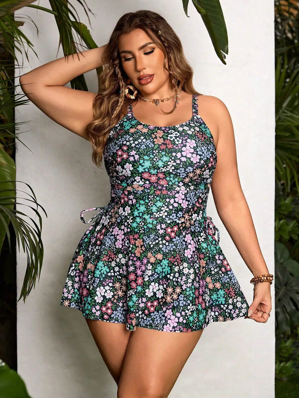 Plus Size Women Summer Floral Print U-Neck Tankini Swimwear With Beach Dress Aurexia off