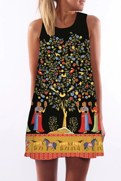 Elastic Vintage Print A-Line Dress Aurexia off