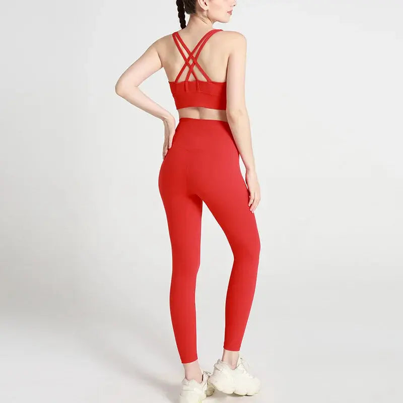 Classic women's yoga suit 2 piece set cross sling bra vest, butter touch stretch leggings gym workout dance sports suit Aurexia off