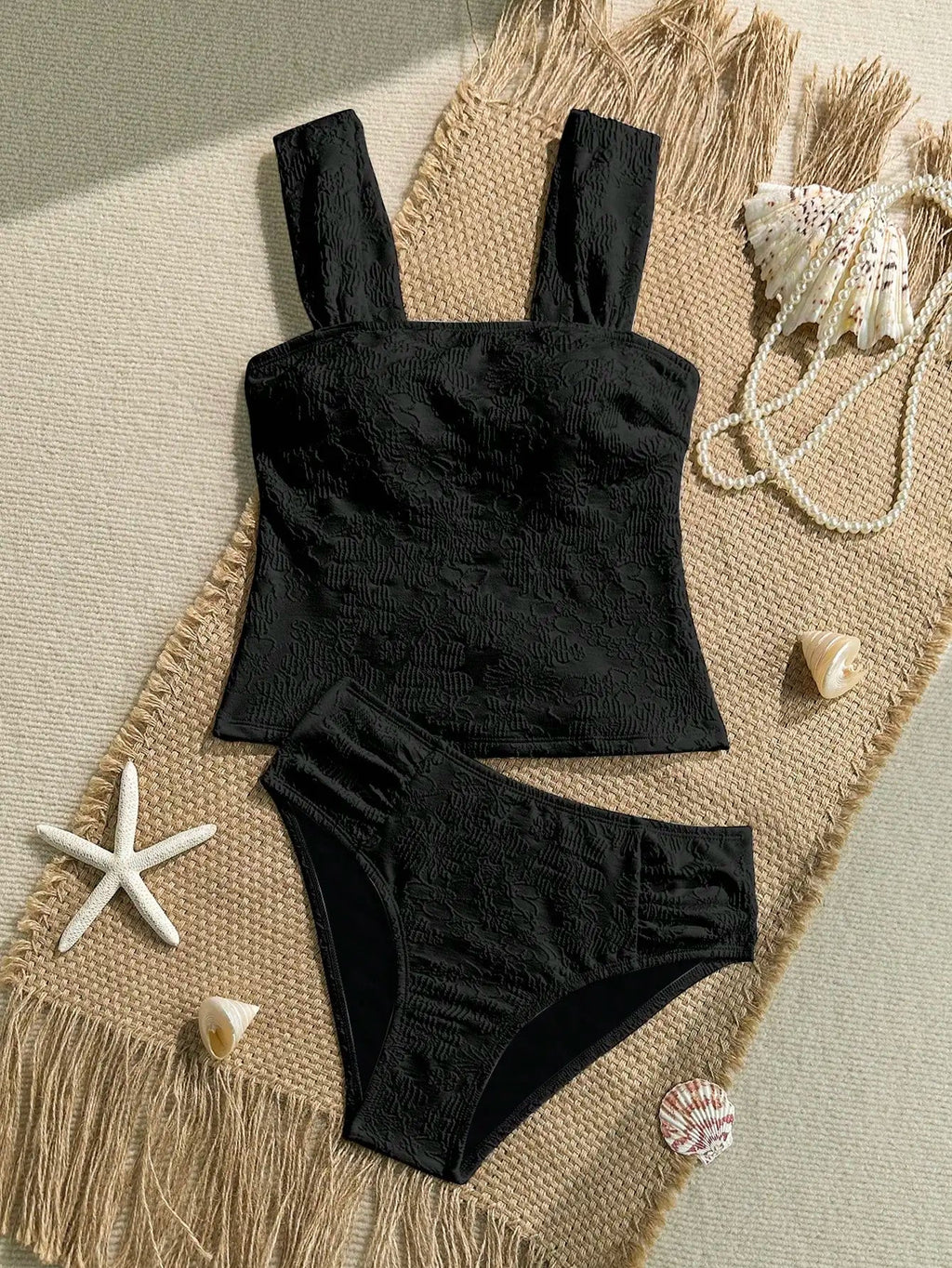 Black Jacquard Textured 2 Piece Women Beach Swimsuit Set Aurexia off